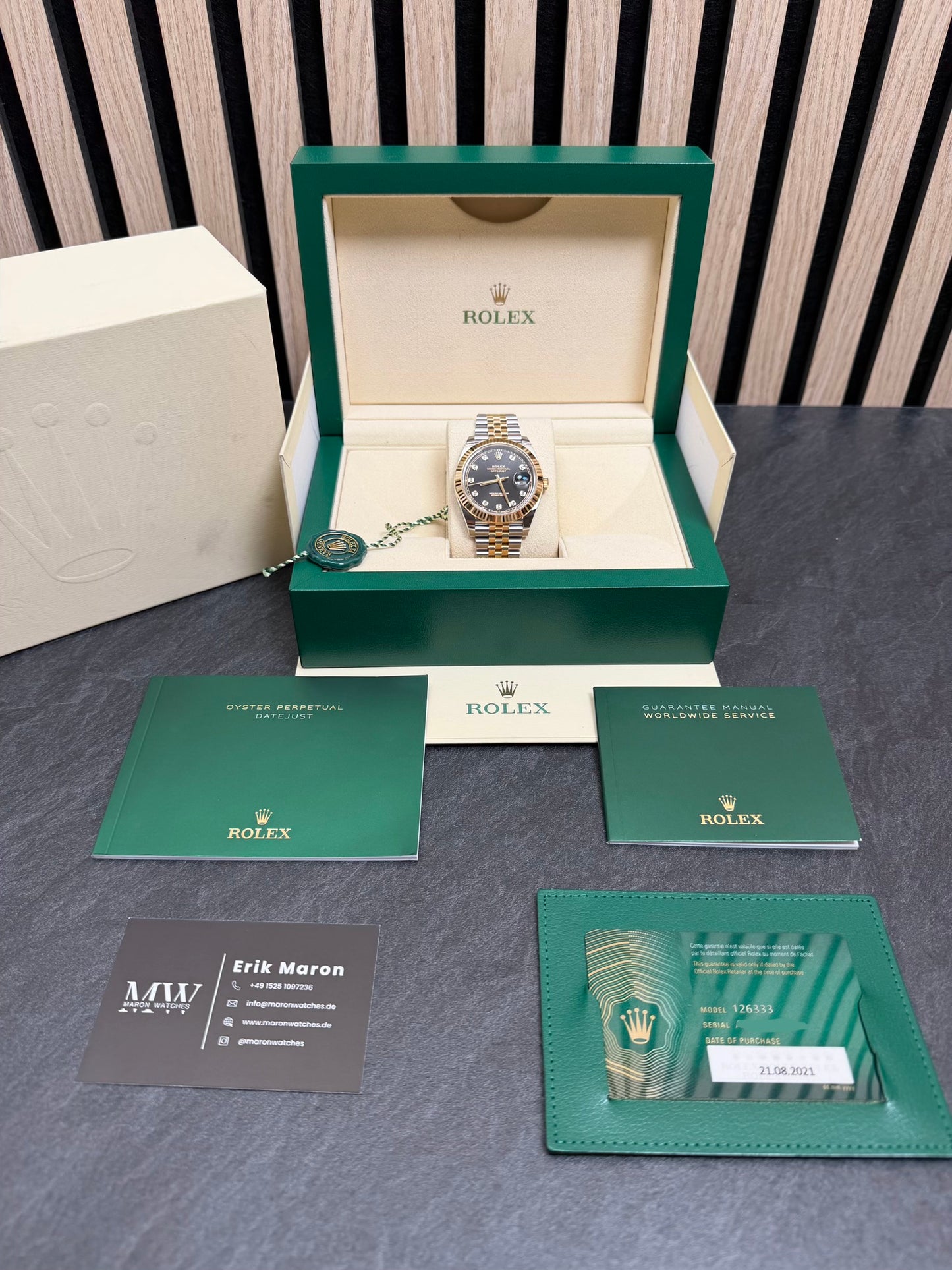 Rolex Datejust 41 Bicolor Schwarz Diamant-Zifferblatt / 2021 / Full Set / Neuwertig